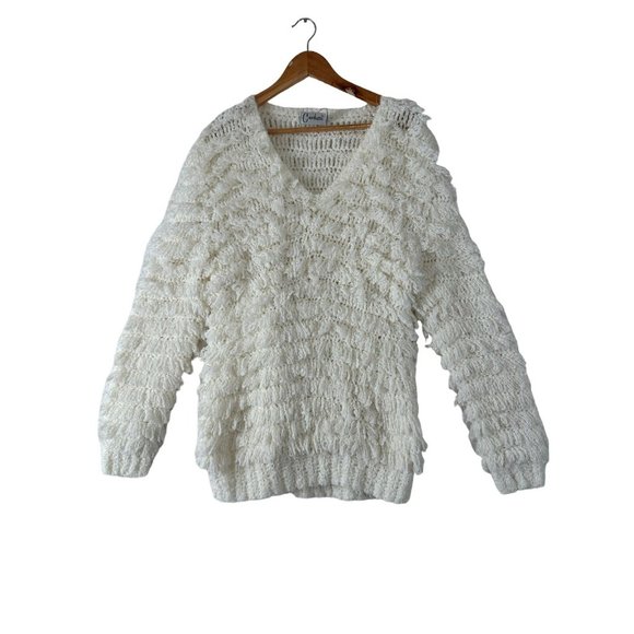 Vintage Carducci Fuzzy Sweater Womens Large Ivory Long Sleeve Chunky Vneck - Picture 3 of 15